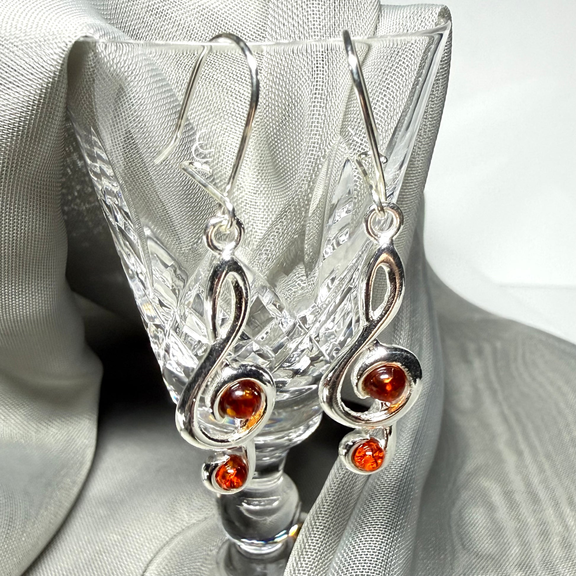 Treble clef real amber earrings drop sterling silver