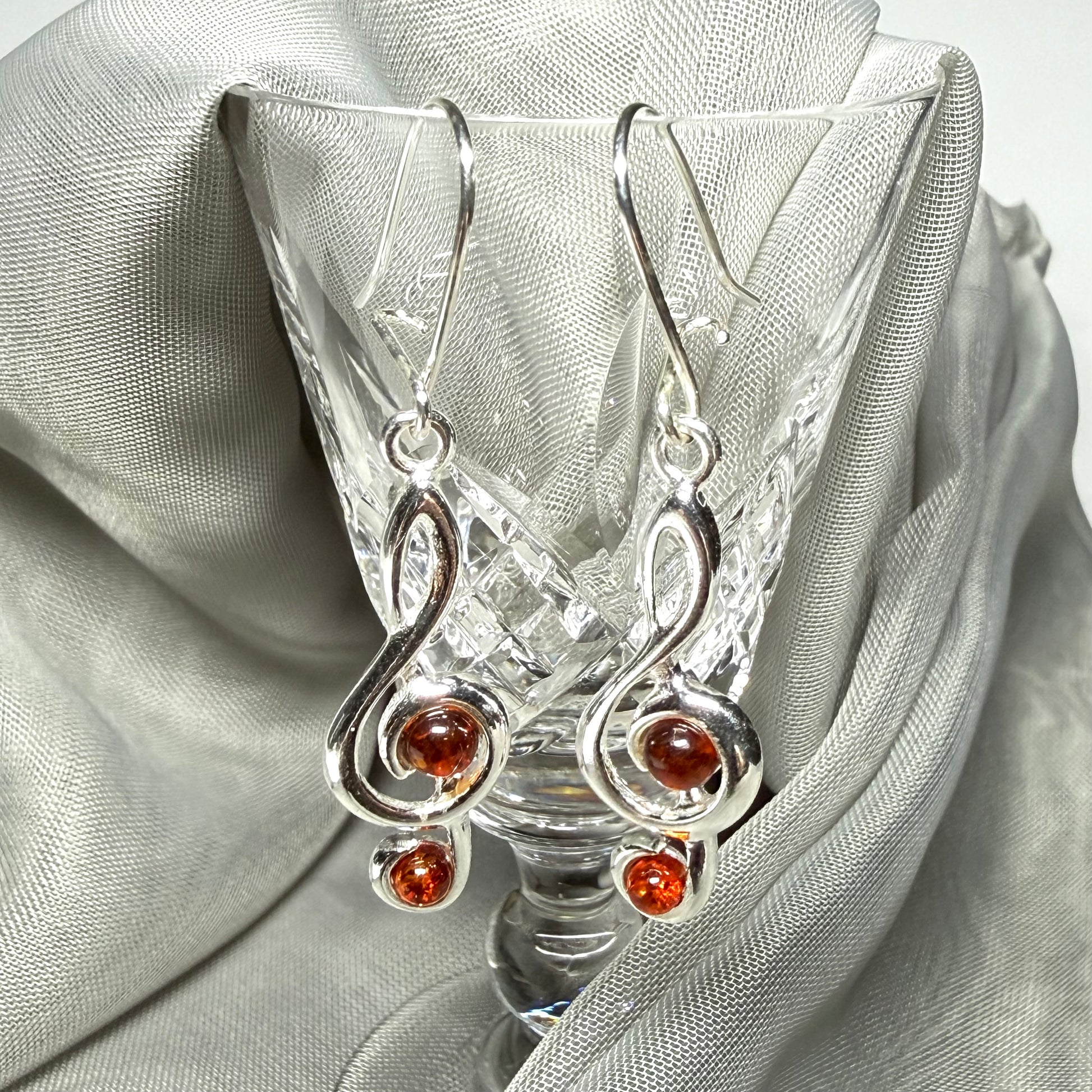 Treble clef real amber earrings drop sterling silver