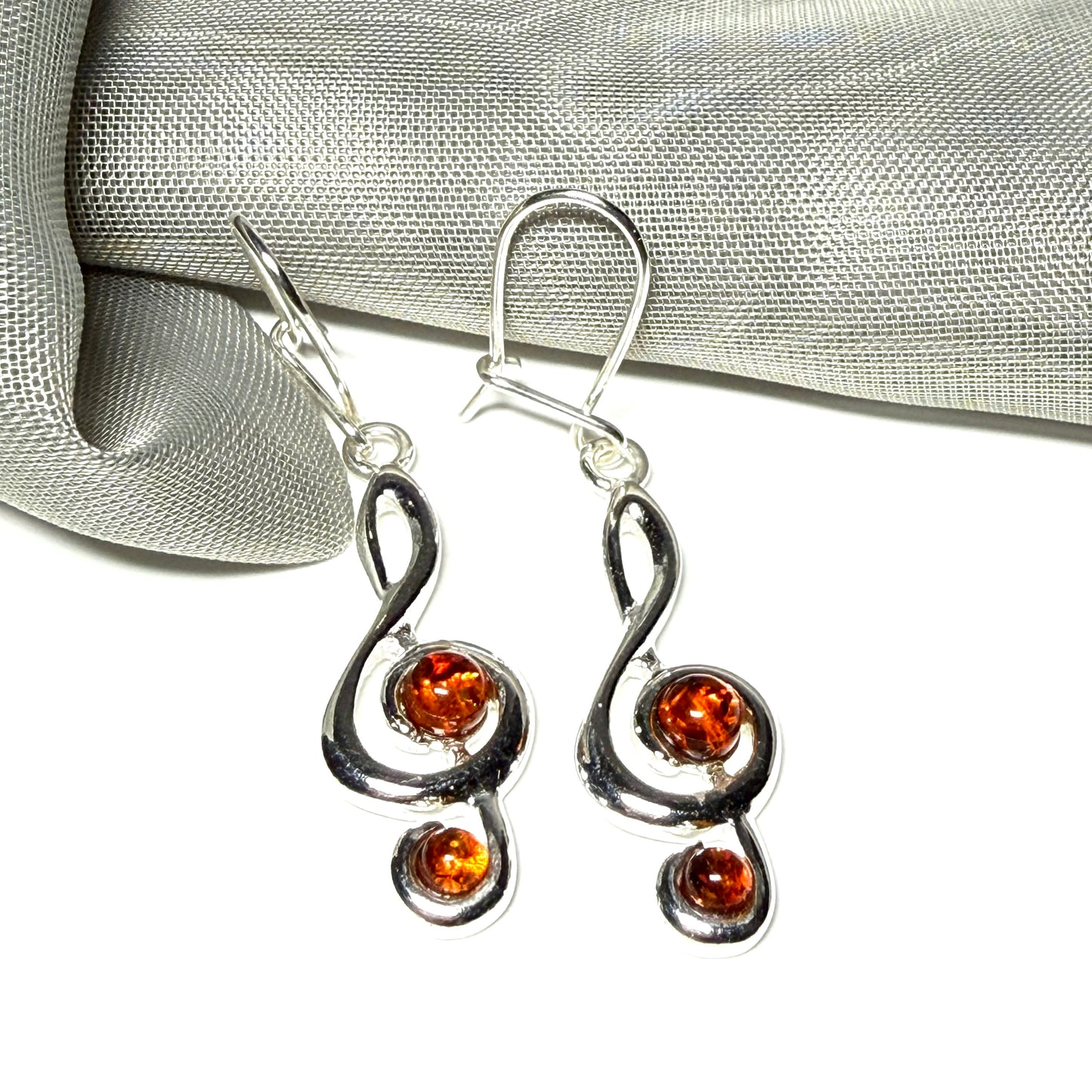 Treble clef real amber earrings drop sterling silver