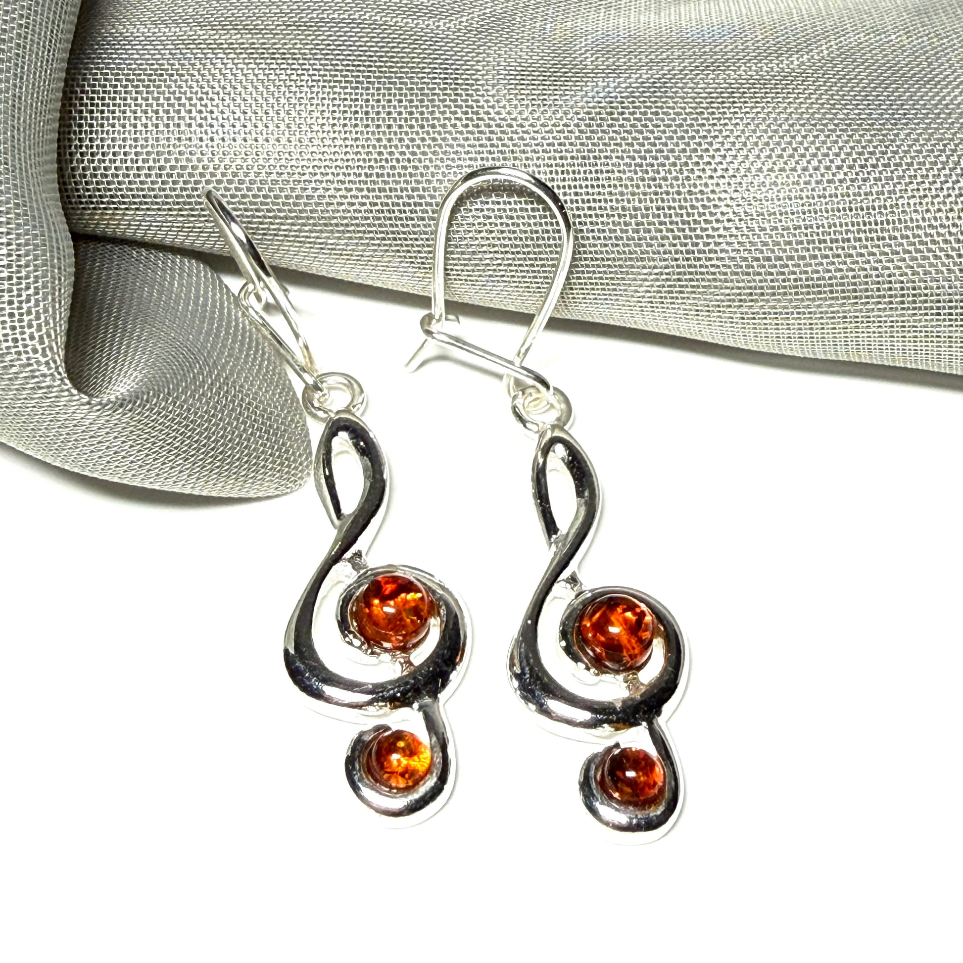 Treble clef real amber earrings drop sterling silver