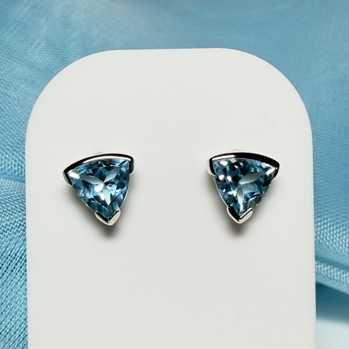 Triangle shape real blue topaz sterling silver earrings