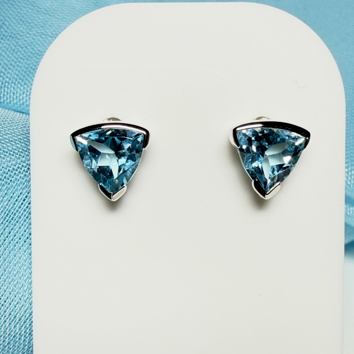 Triangle shape real blue topaz sterling silver earrings
