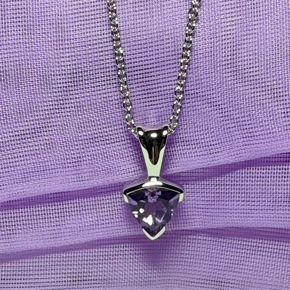 Triangle shaped real purple amethyst necklace sterling silver pendant