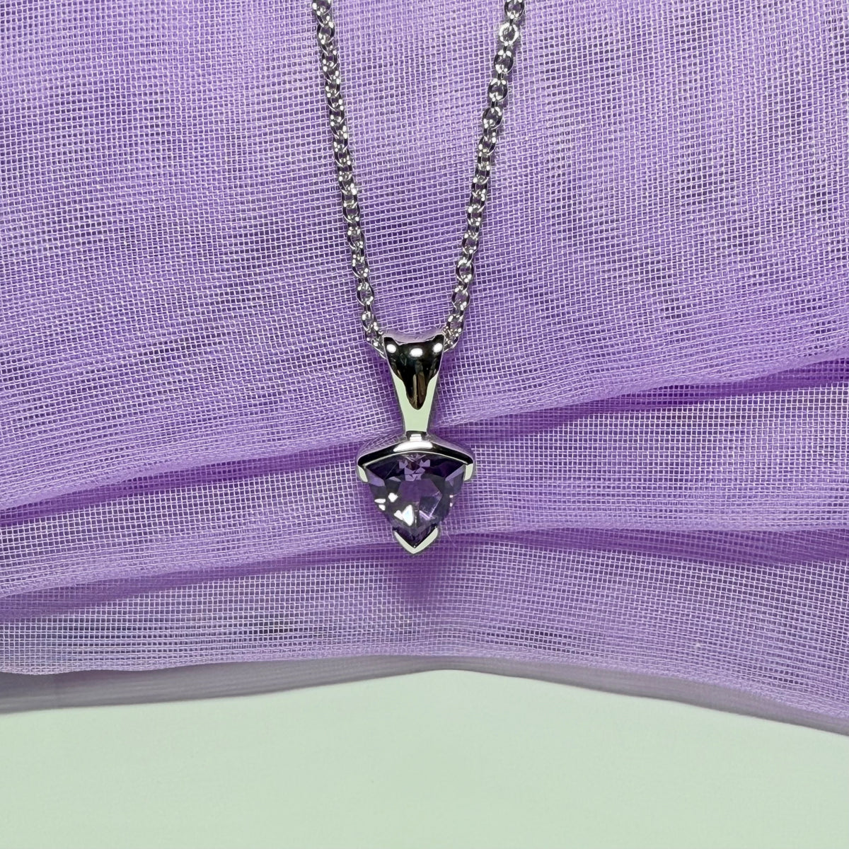 Triangle shaped real purple amethyst necklace sterling silver pendant