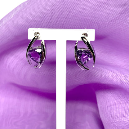 Triangle shaped sterling silver real amethyst fancy stud earrings