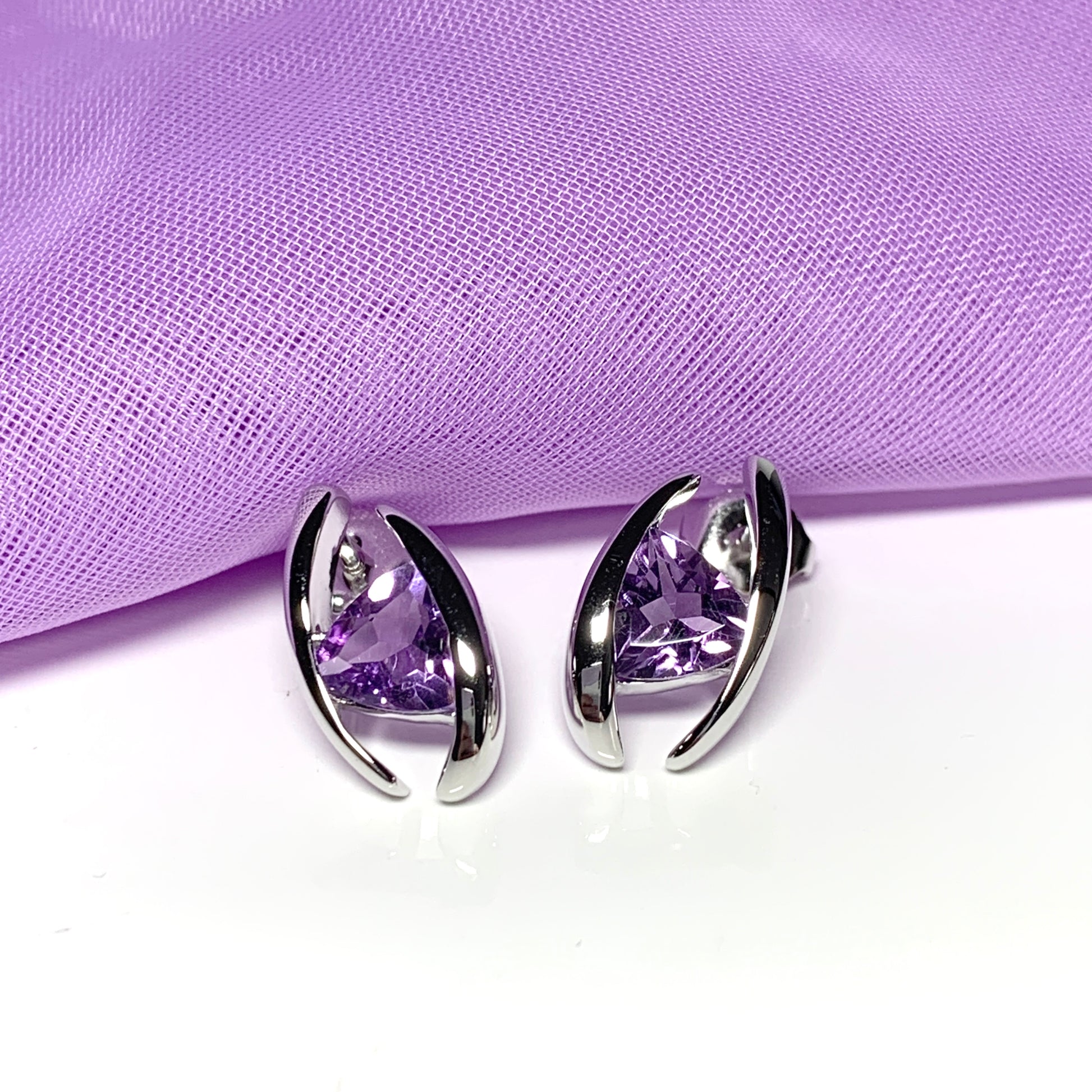 Triangle shaped sterling silver real amethyst fancy stud earrings