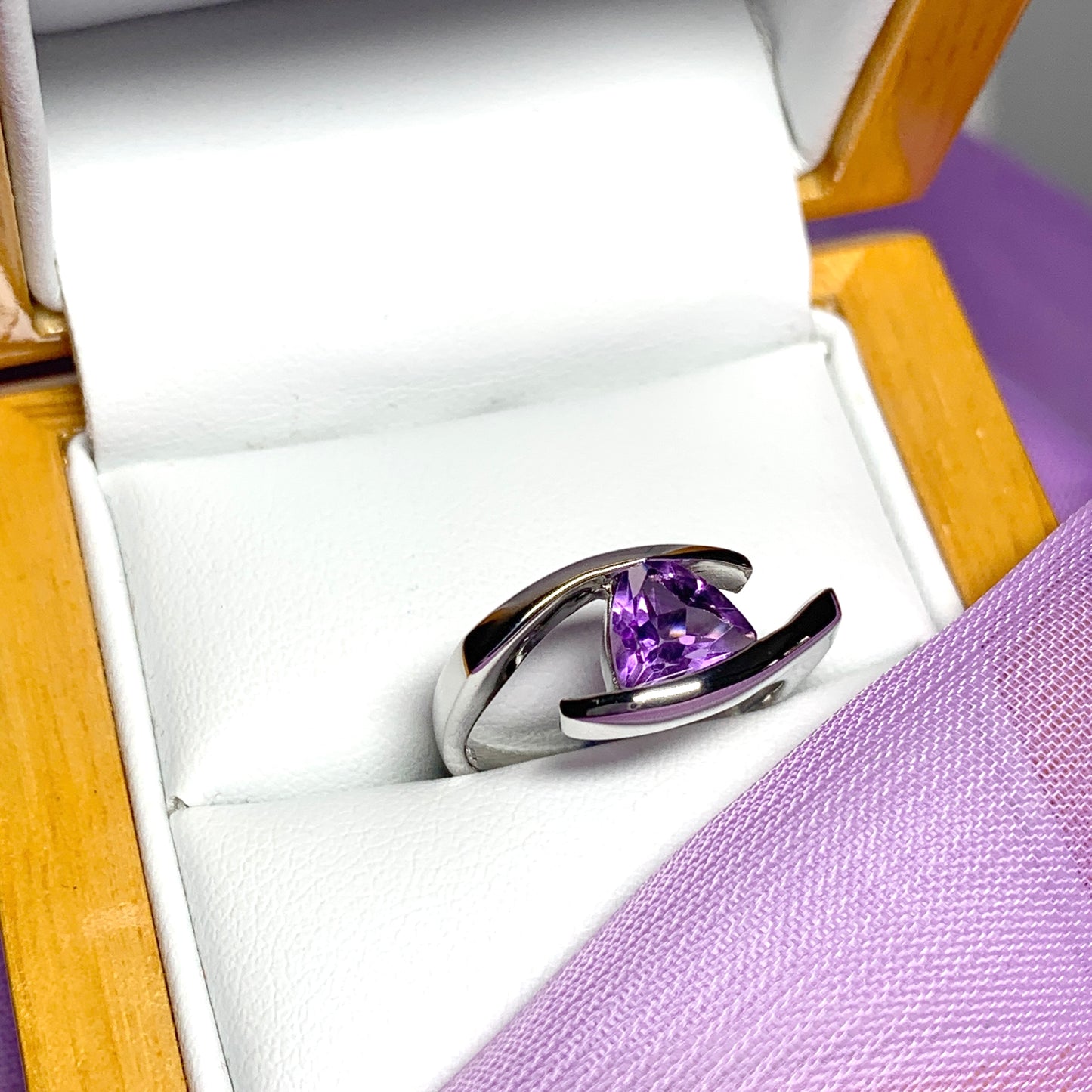 Triangle shaped sterling silver real amethyst ring