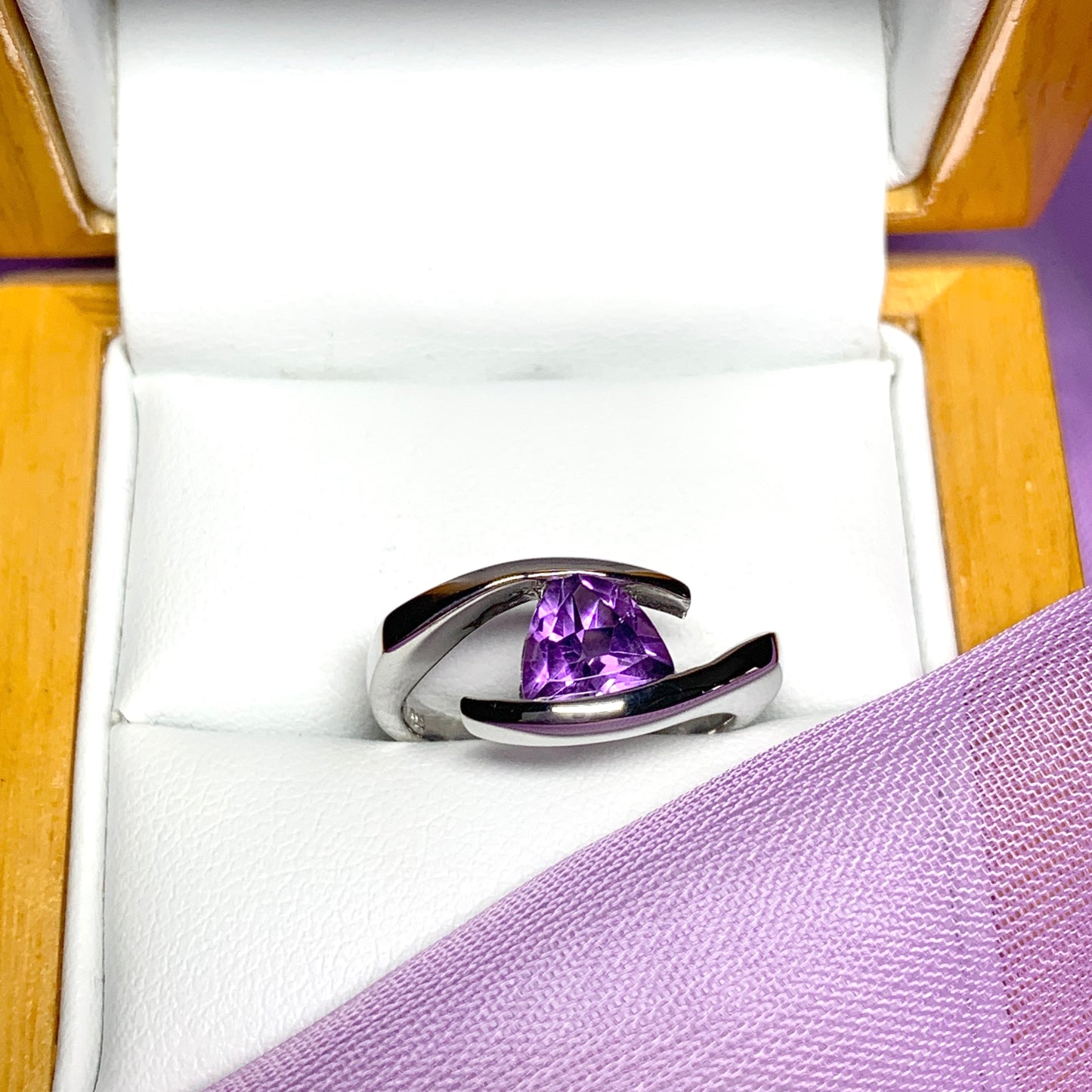 Triangle shaped sterling silver real amethyst ring
