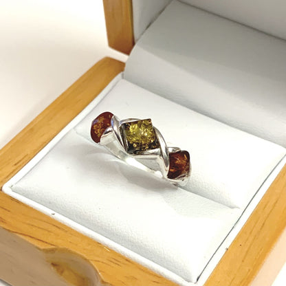 Three Stone Sterling Silver Amber Ring