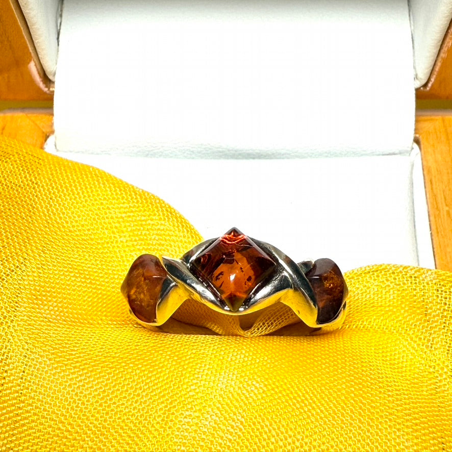 Three Stone Sterling Silver Amber Ring