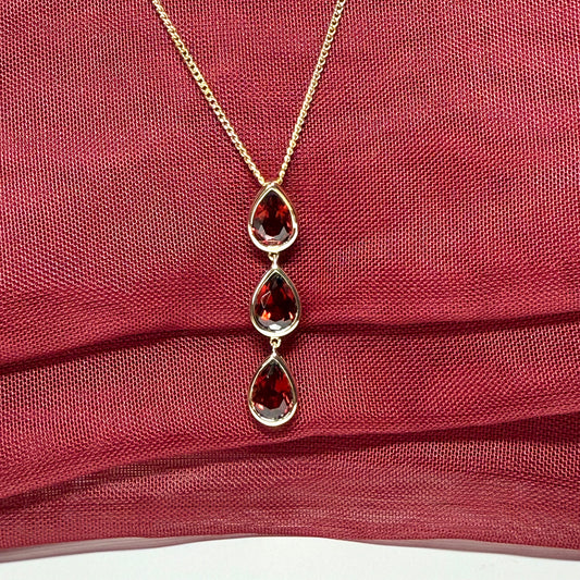 Triple real garnet necklace pear shaped yellow gold teardrop pendant
