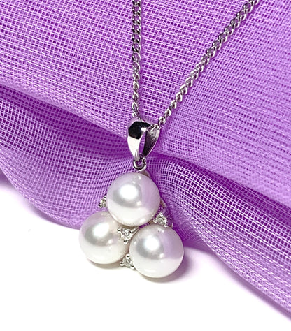 Triple cluster real pearl necklace and diamond cultured freshwater white gold pendant