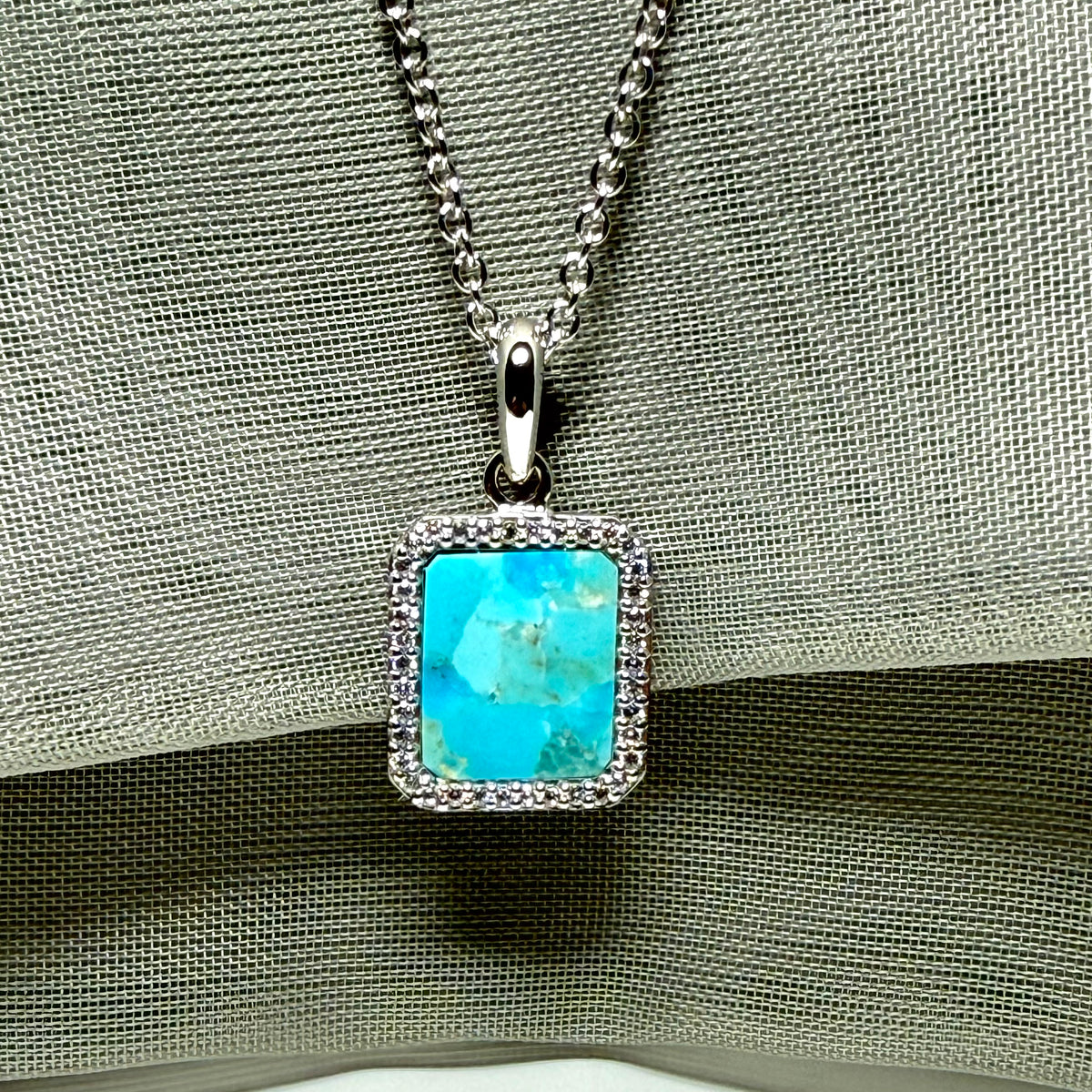 Turquoise and cubic zirconia blue green square necklace sterling silver with chain
