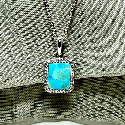 Turquoise and cubic zirconia blue green square necklace sterling silver with chain
