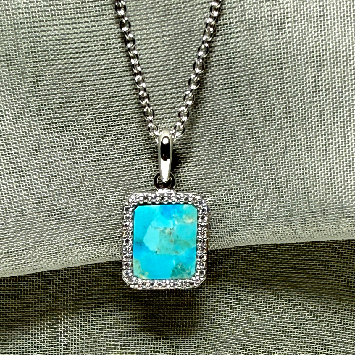 Turquoise and cubic zirconia blue green square necklace sterling silver with chain
