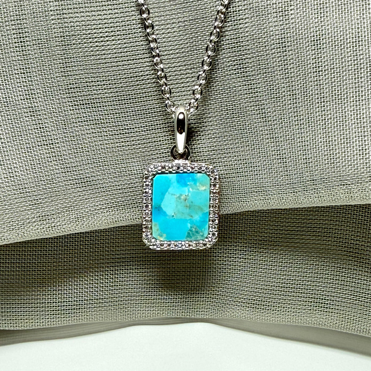 Turquoise and cubic zirconia blue green square necklace sterling silver with chain with a chain