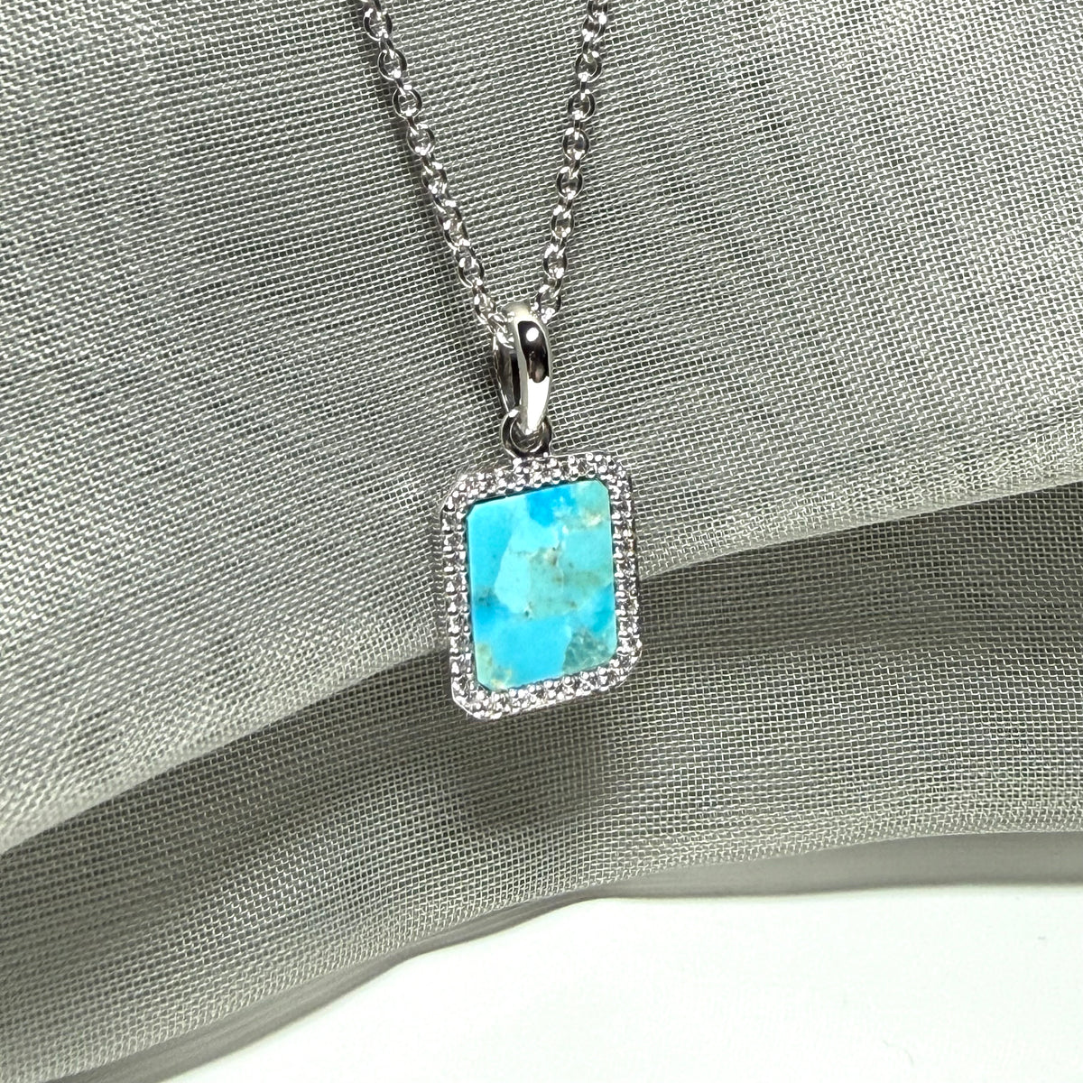 Turquoise and cubic zirconia blue green square necklace sterling silver with chain with a chain