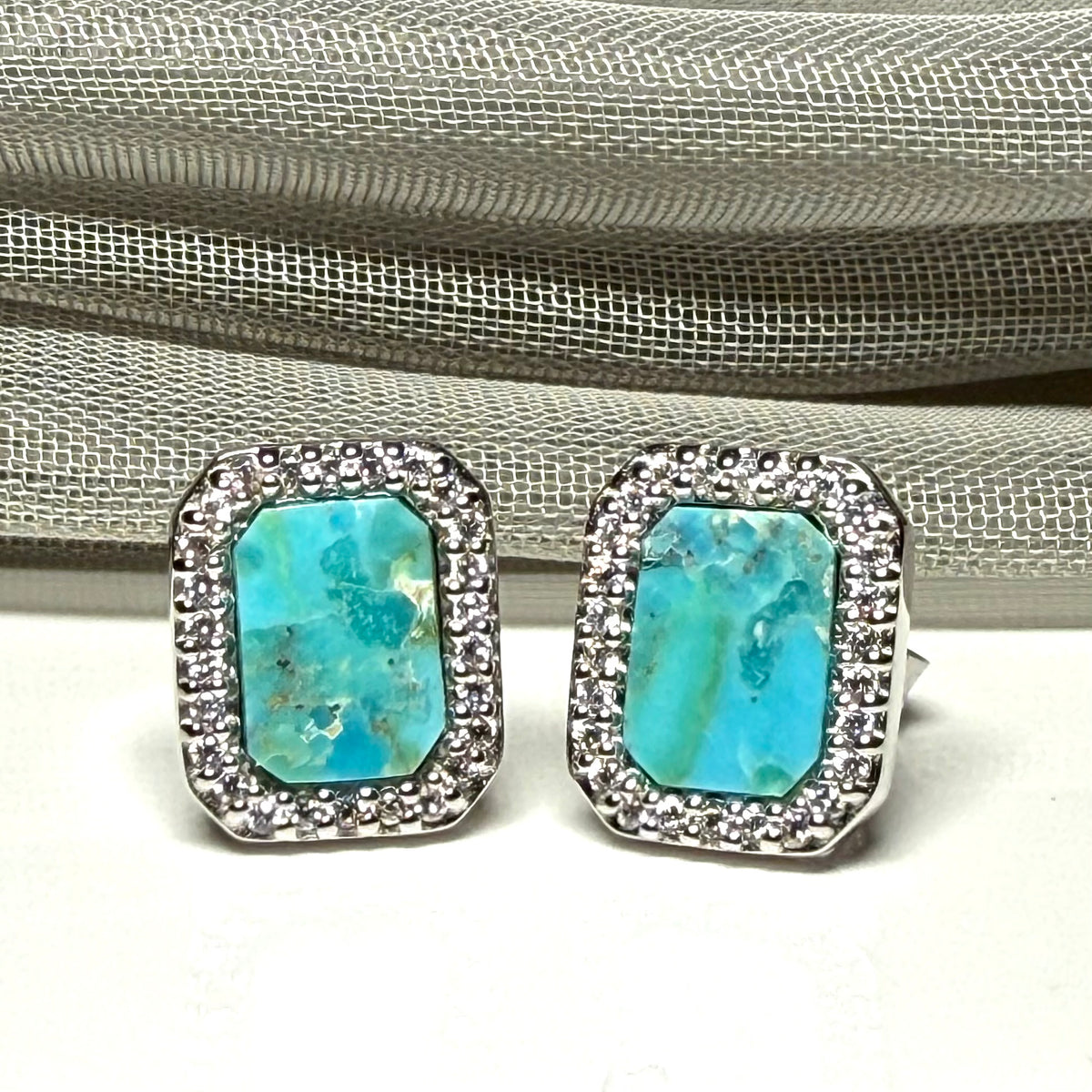 Turquoise and cubic zirconia blue green square stud earrings sterling silver