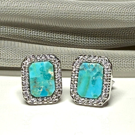Turquoise and cubic zirconia blue green square stud earrings sterling silver