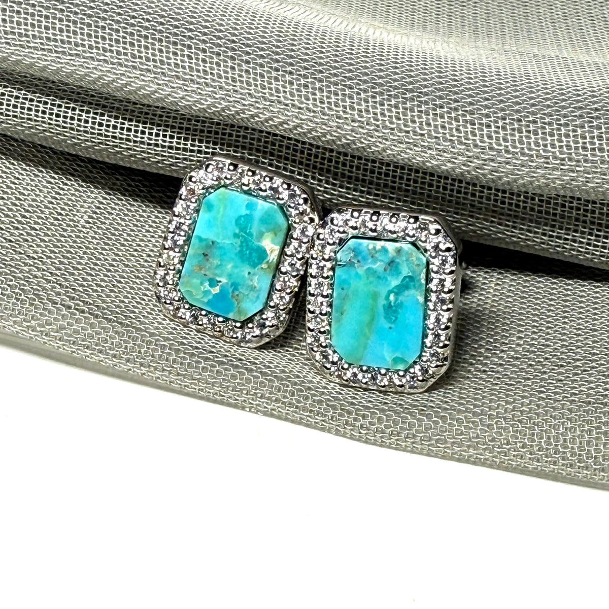 Turquoise and cubic zirconia blue green square stud earrings sterling silver
