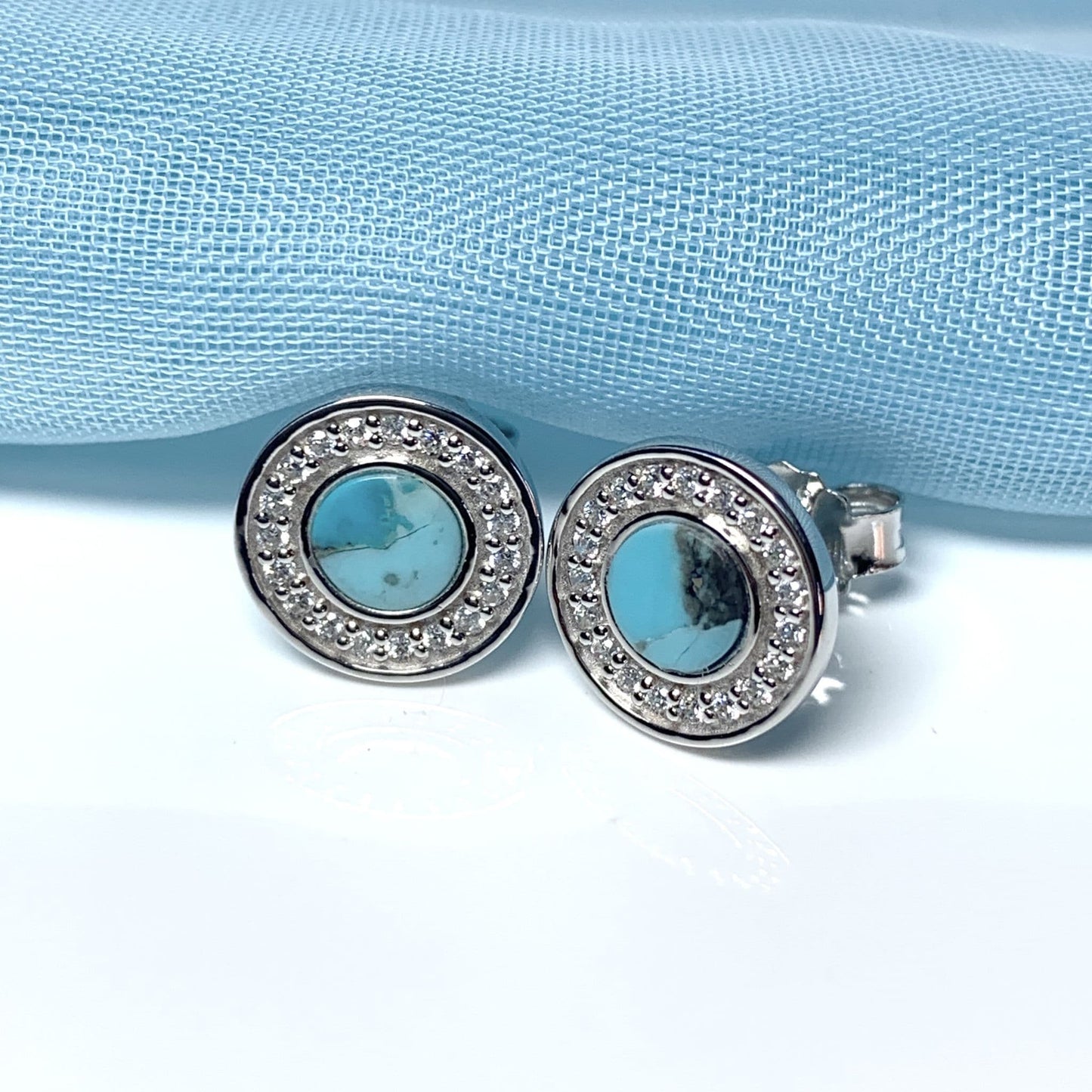 Turquoise and cubic zirconia round sterling silver earrings