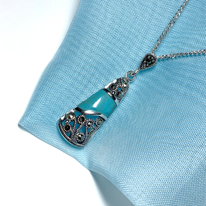 Fancy turquoise and marcasite drop sterling silver necklace pendant