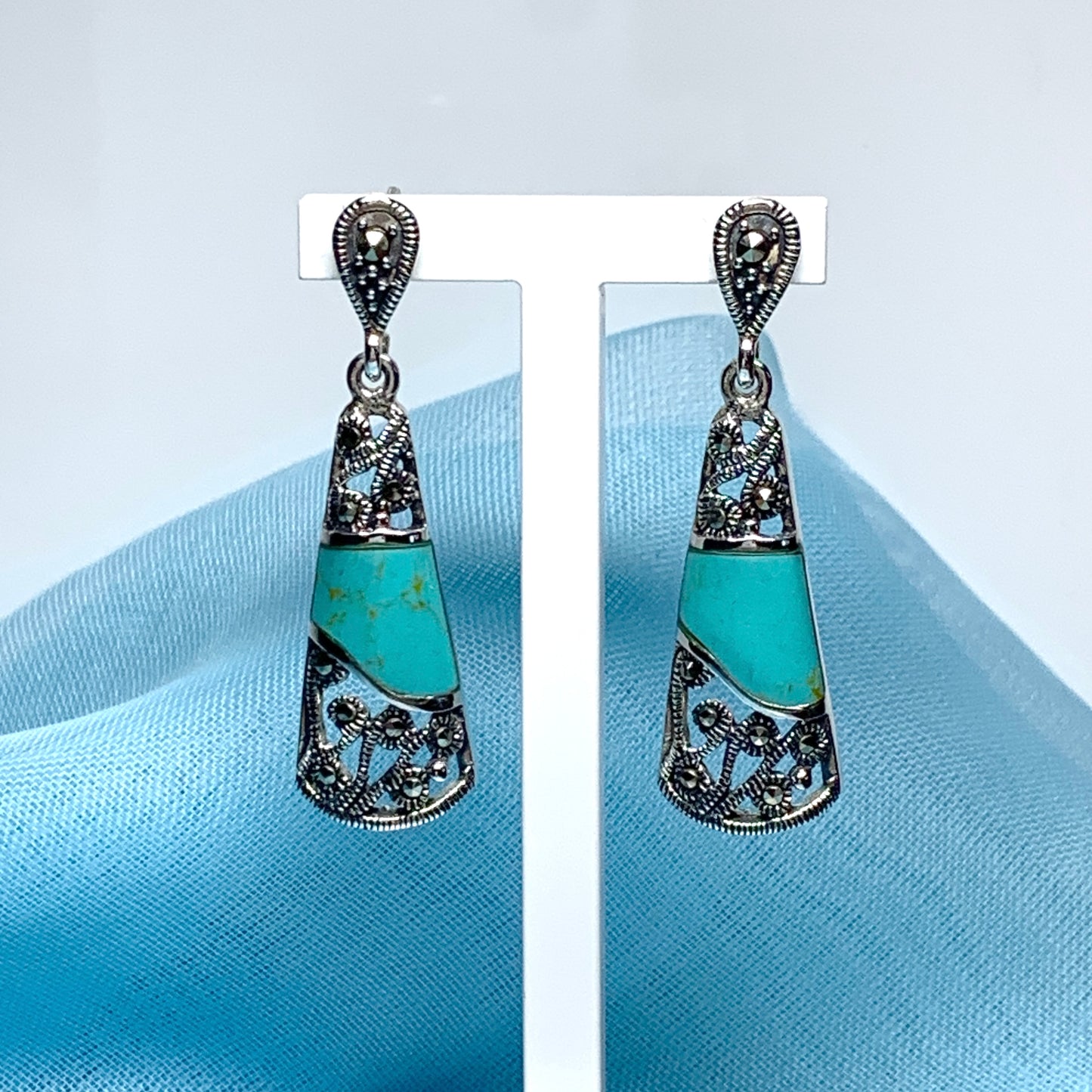 Turquoise and marcasite long drop earrings sterling silver
