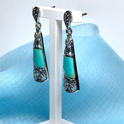 Turquoise and marcasite long drop earrings sterling silver