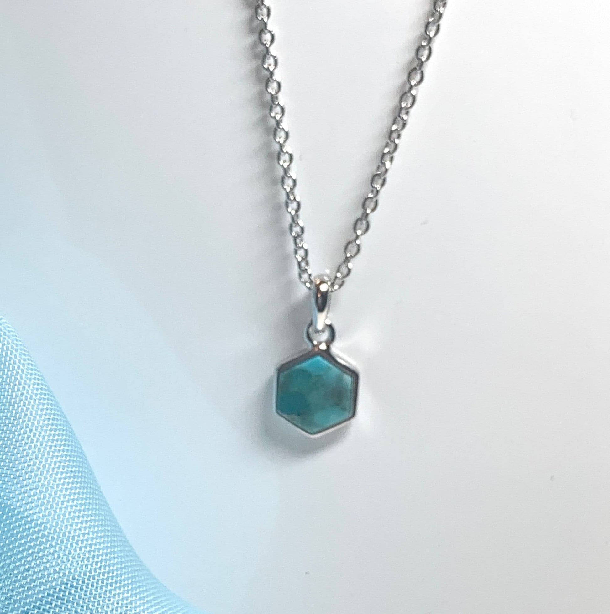 Turquoise blue green hexagonal necklace sterling silver