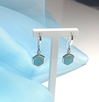 Turquoise blue green hexagonal sterling silver drop earrings