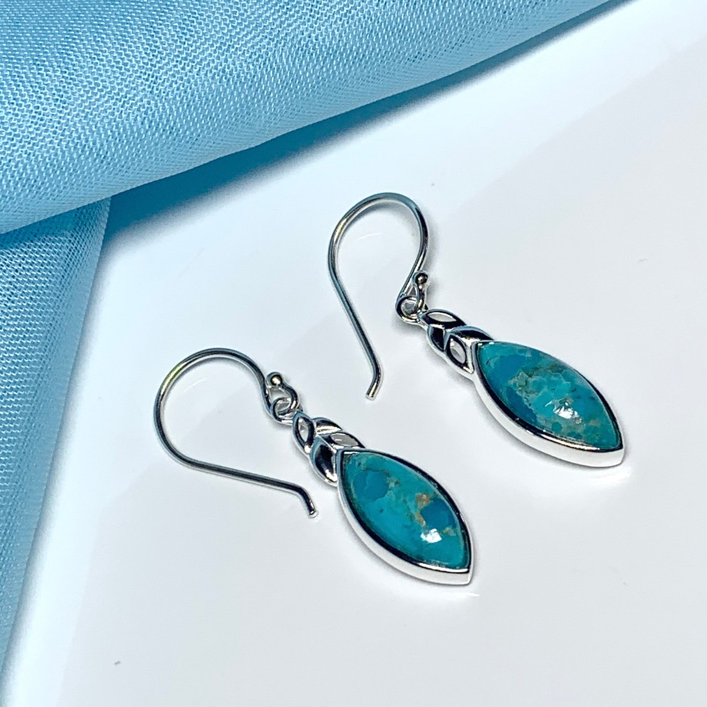 Turquoise drop earrings marquise cut sterling silver