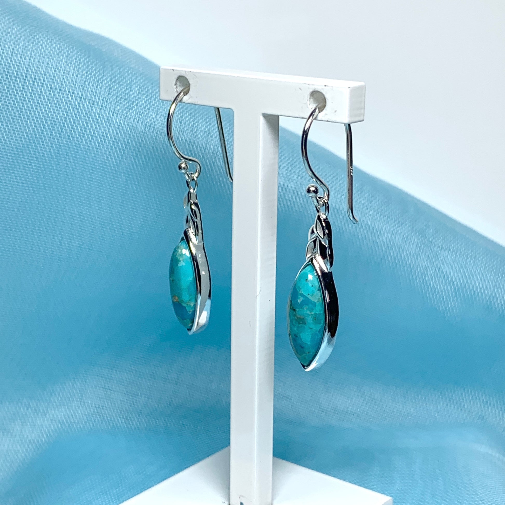 Turquoise drop earrings marquise cut sterling silver