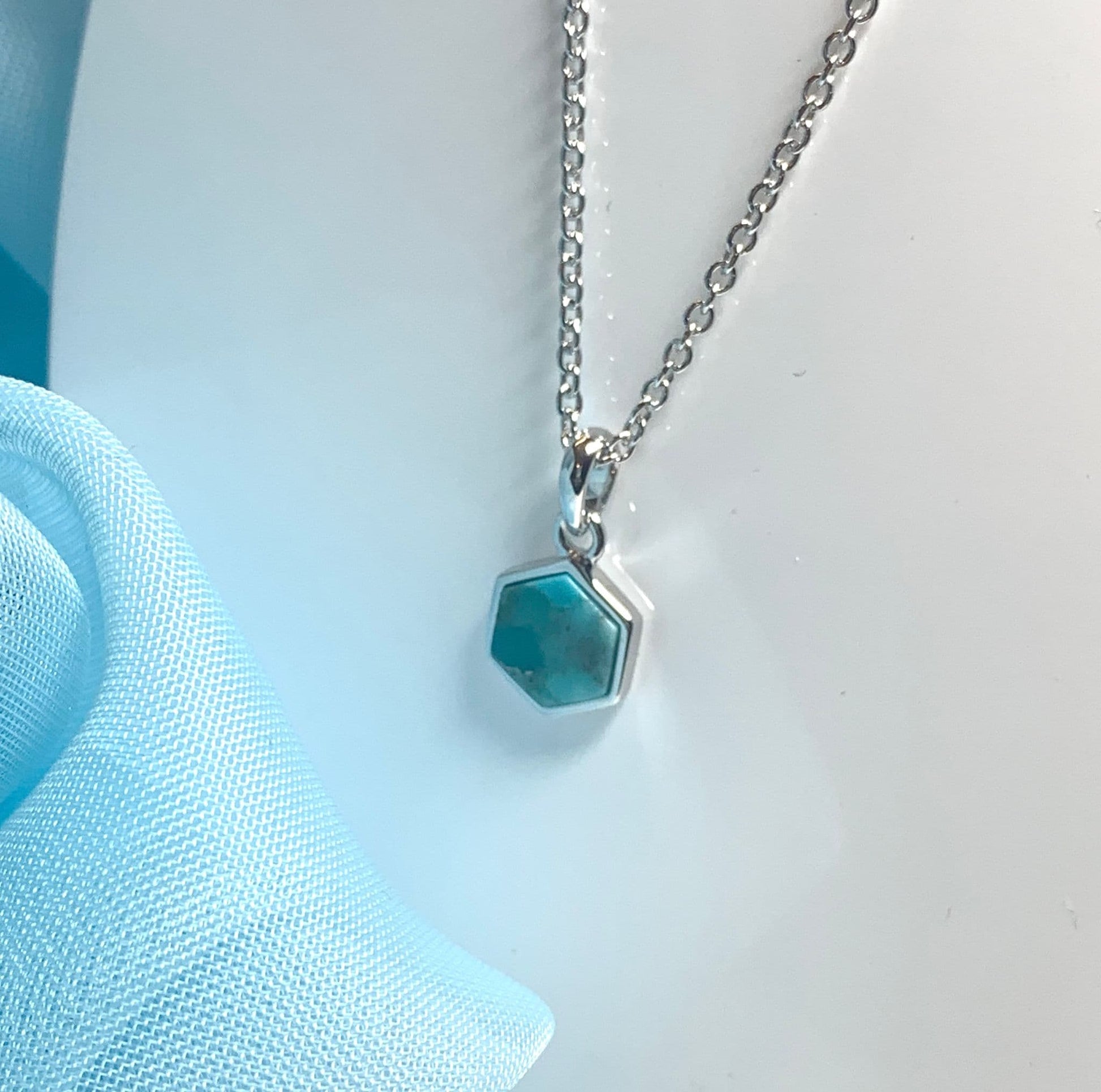 Turquoise blue green hexagonal necklace sterling silver