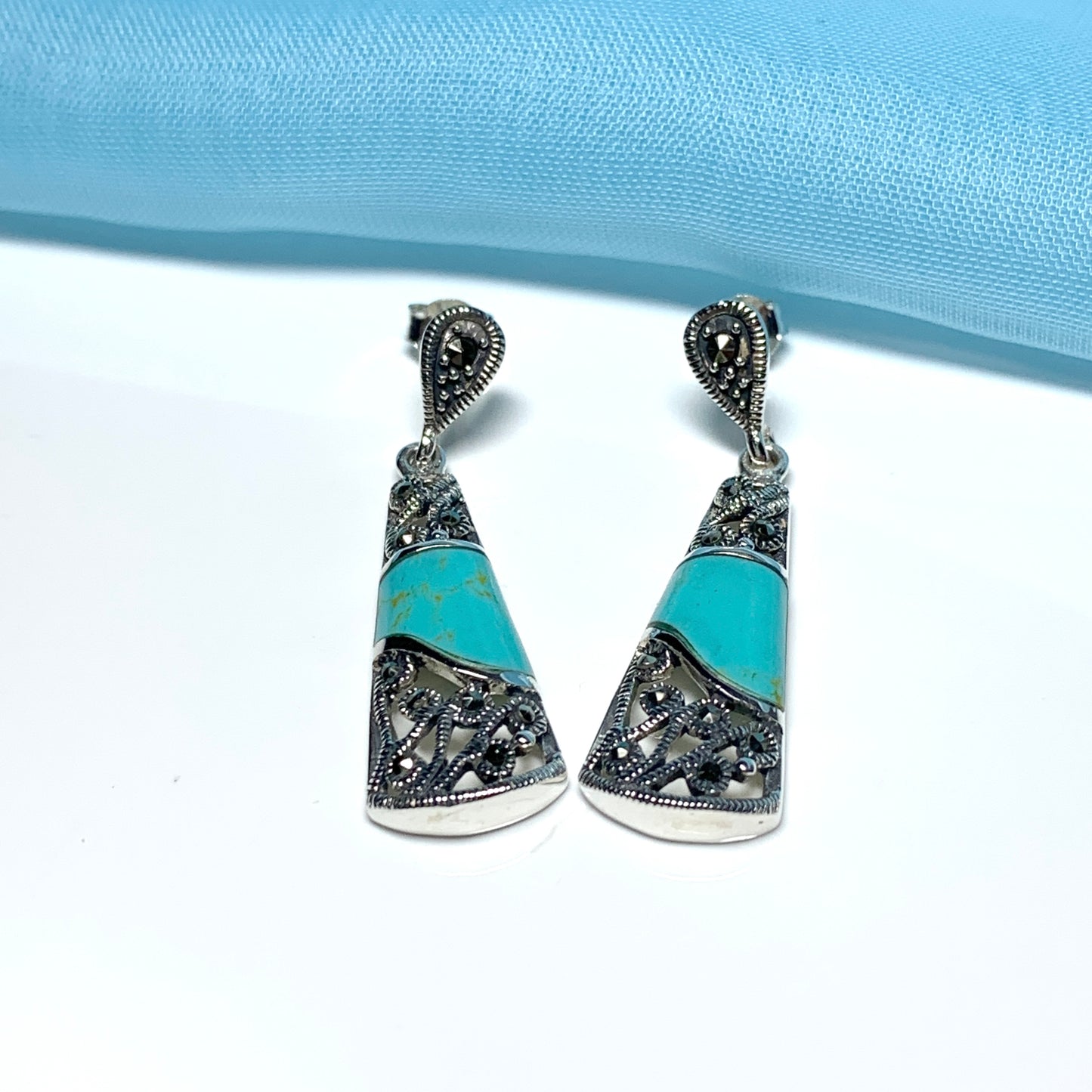Turquoise and marcasite long drop earrings sterling silver