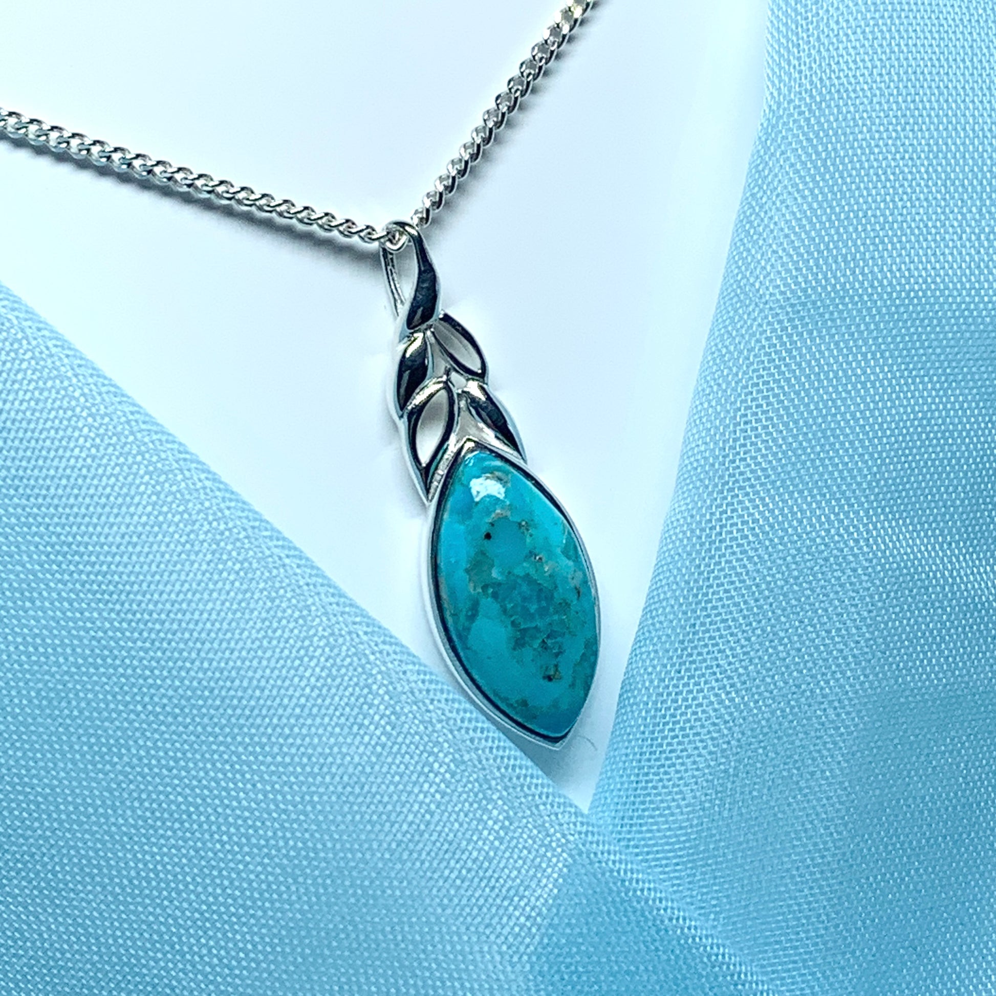 Turquoise pendant necklace marquise cut sterling silver
