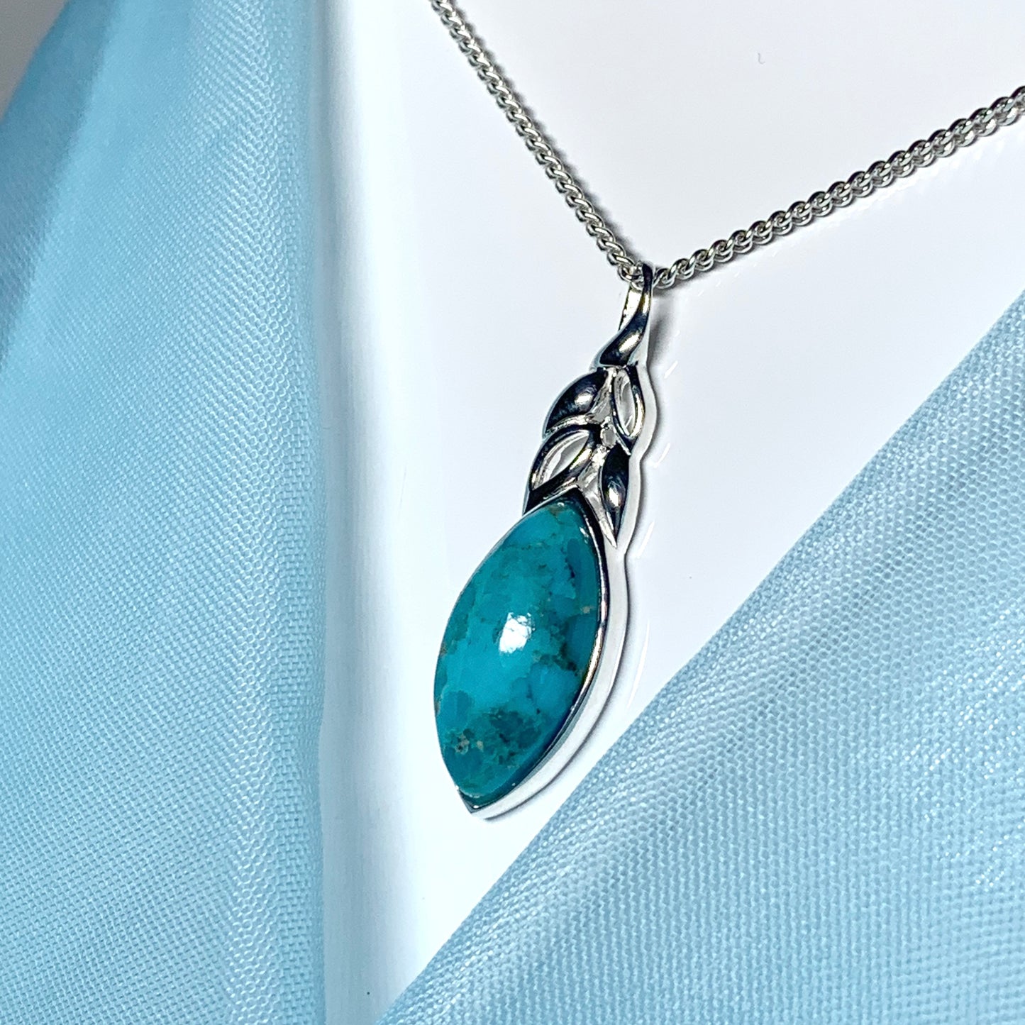 Turquoise necklace marquise cut sterling silver pendant