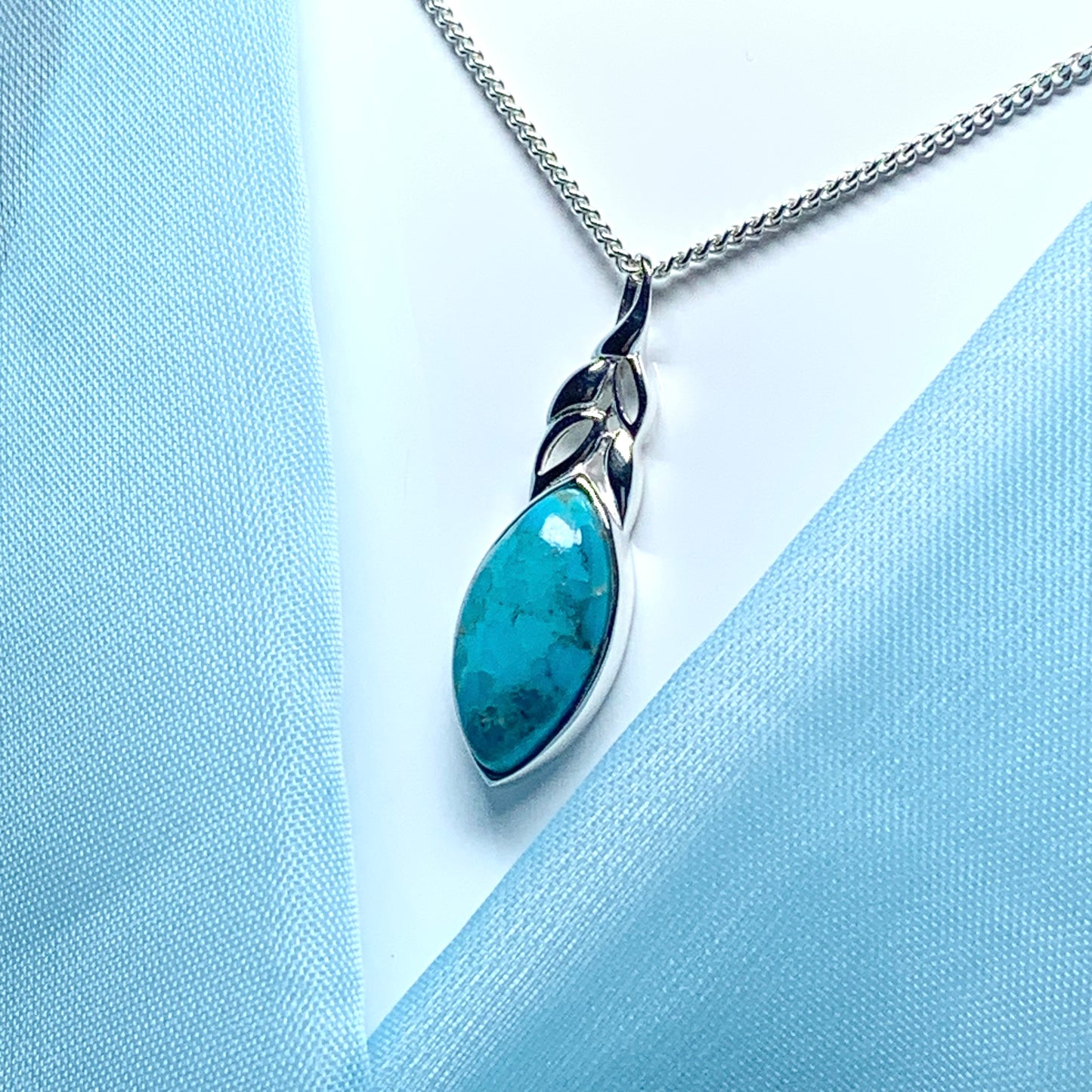 Turquoise necklace marquise cut sterling silver pendant