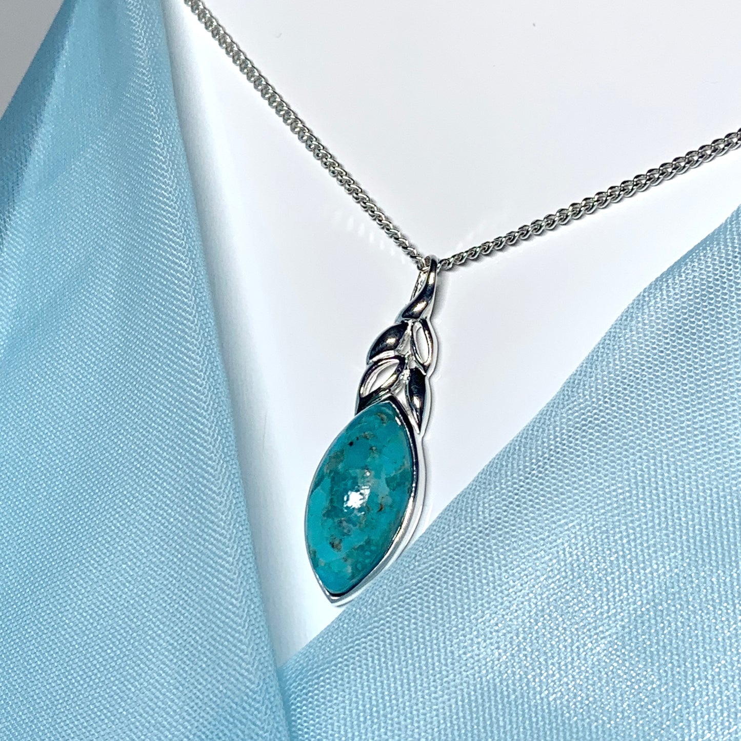 Turquoise pendant necklace marquise cut sterling silver