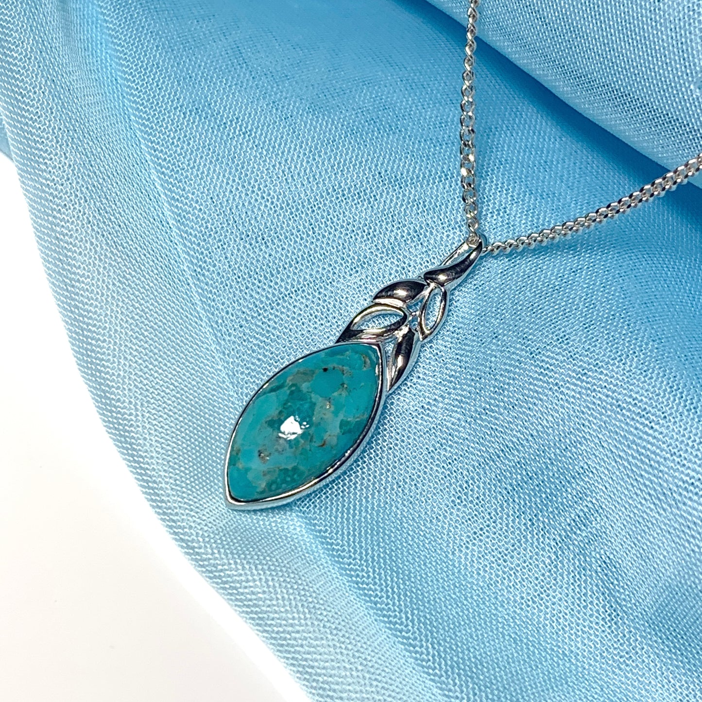 Turquoise pendant necklace marquise cut sterling silver