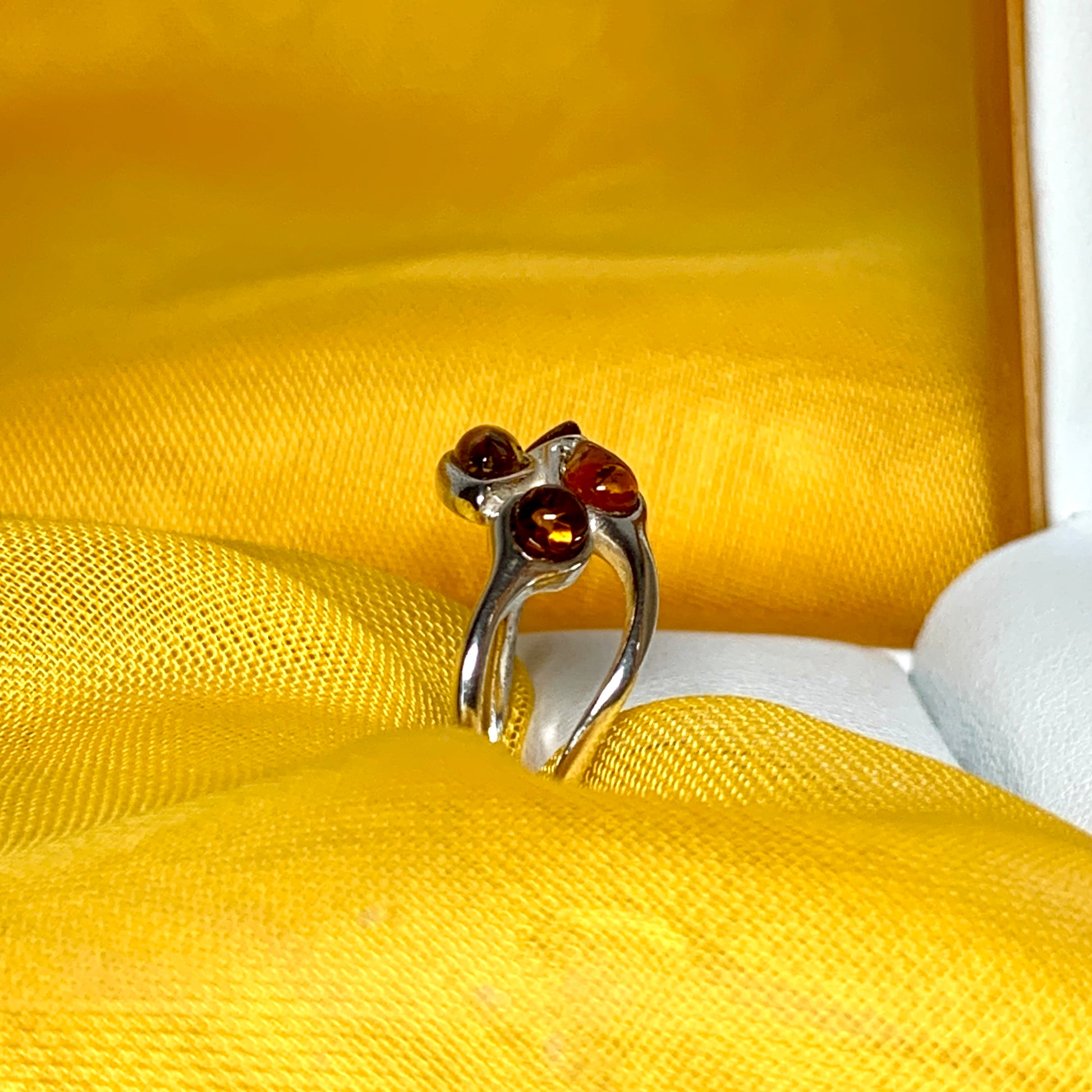 Twisted fancy sterling silver orange real amber ring