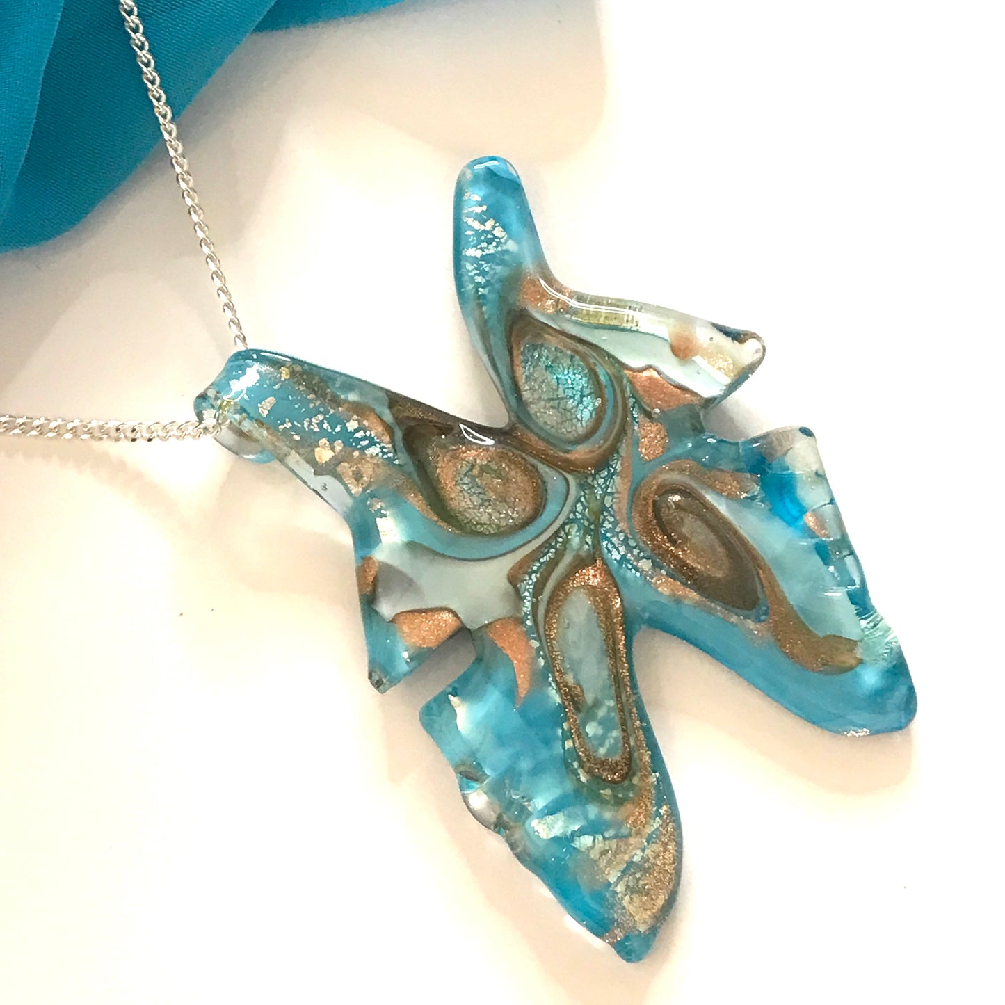 Large real Murano glass necklace blue butterfly shape pendant sterling silver