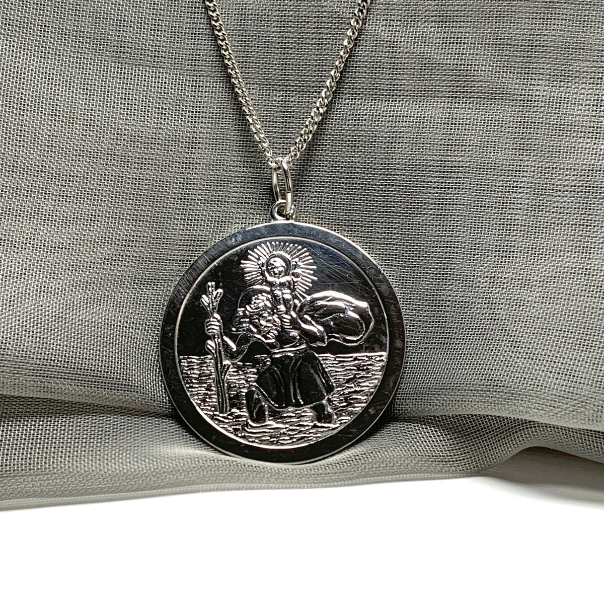 Very large solid men’s round sterling silver St. Christopher and chain