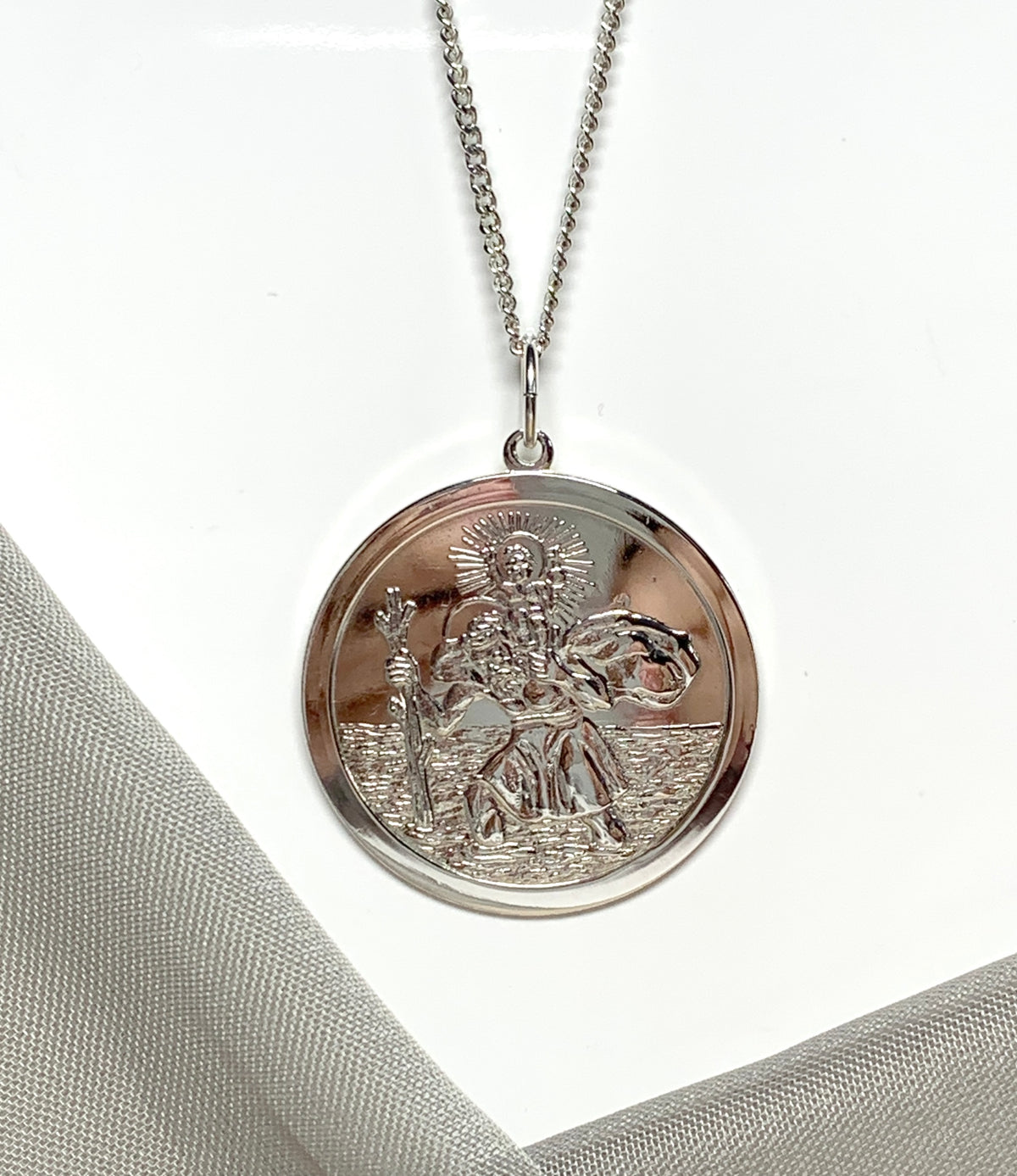 Very large solid men’s round sterling silver St. Christopher and chain