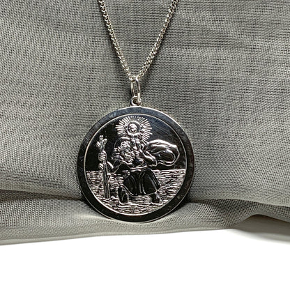 Very large solid men’s round sterling silver double sided St. Christopher and chain