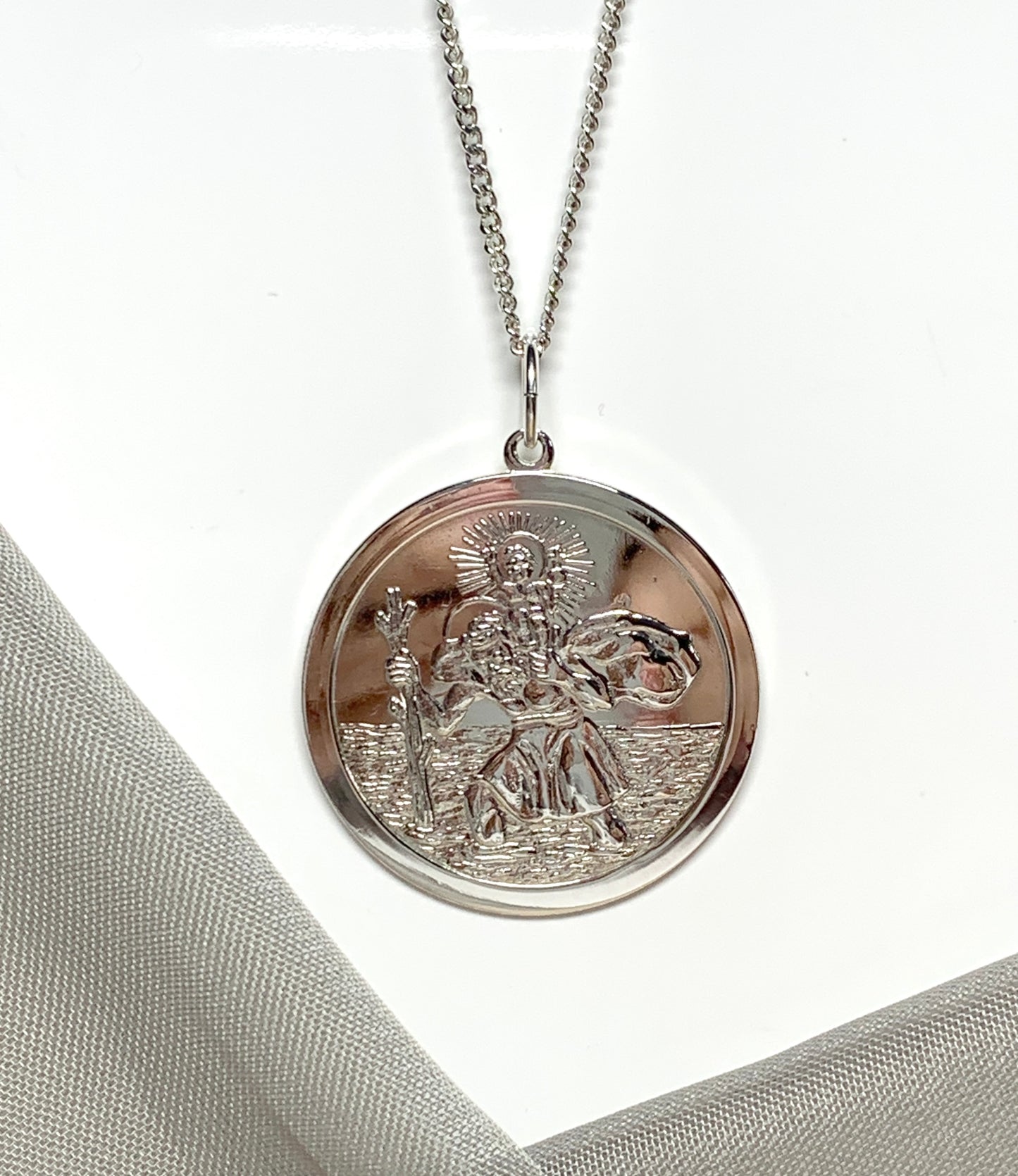 Very large solid men’s round sterling silver double sided St. Christopher and chain
