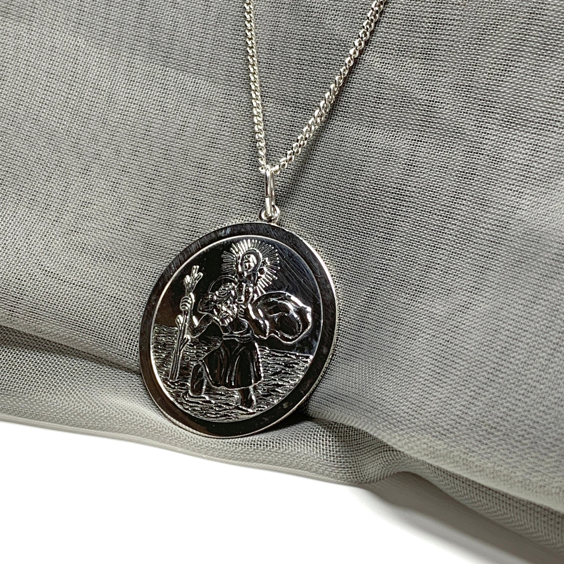 Very large solid men’s round sterling silver double sided St. Christopher and chain