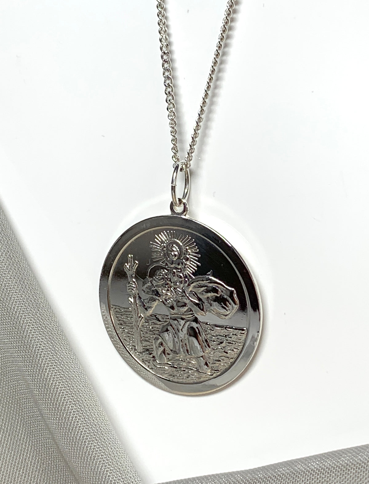 Very large solid men’s round sterling silver St. Christopher and chain