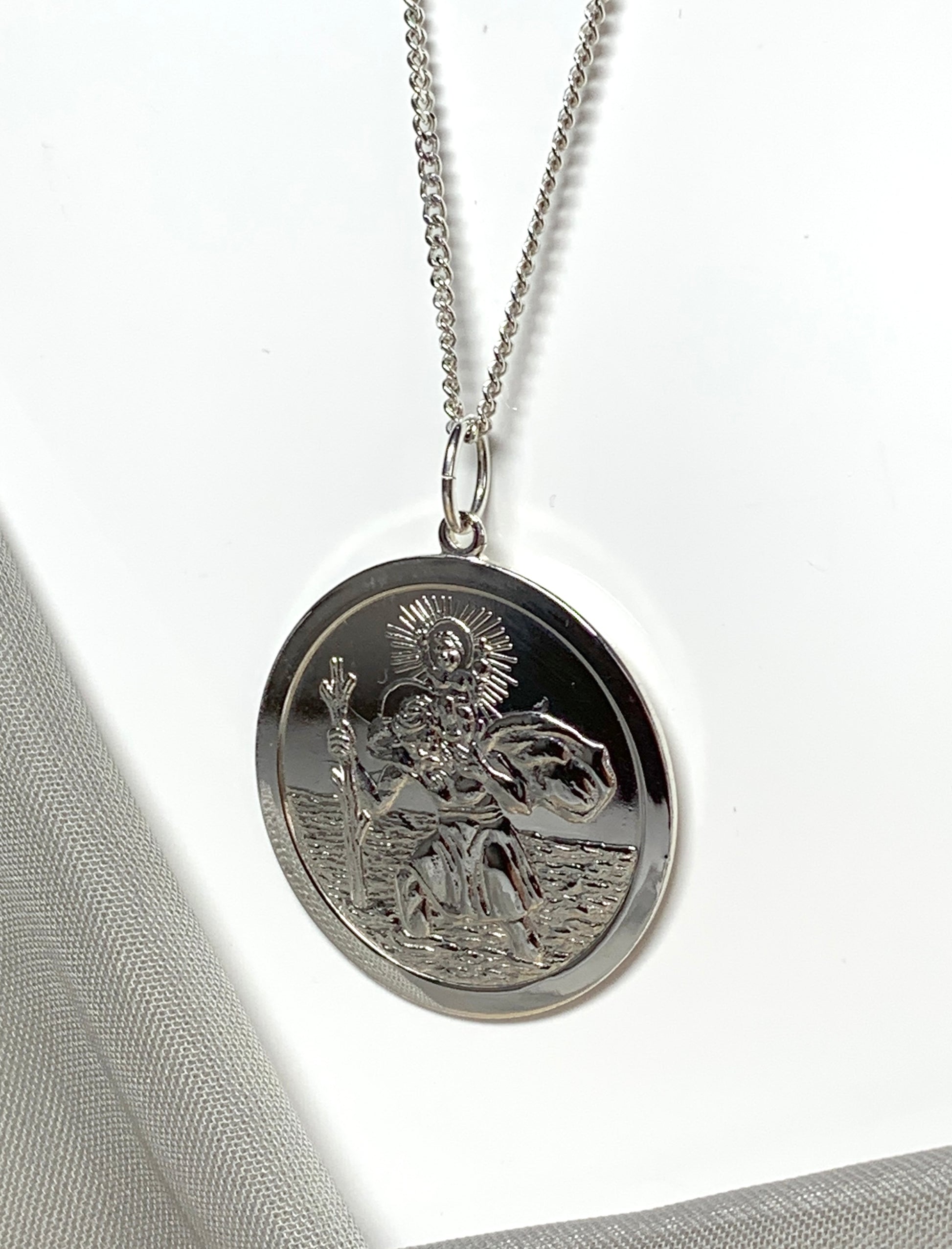 Very large solid men’s round sterling silver double sided St. Christopher and chain