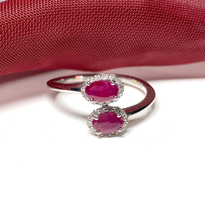 Crossover twist ruby diamond oval double cluster ring white gold