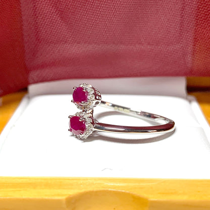 Crossover twist ruby diamond oval double cluster ring white gold